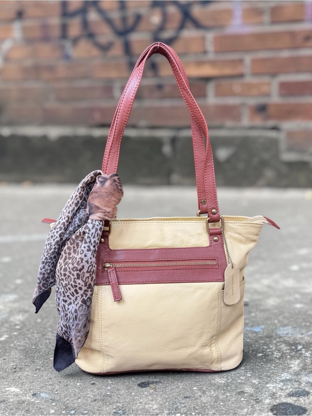 Cream Leather Shoulder Bag with  Trim and Leopard Scarf